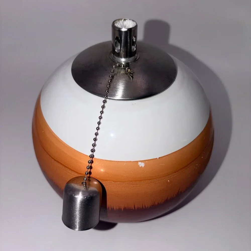 VTG Glass Fragrance Oil Lamp Mid Century Modern Amber White Glass Metal Wick 7